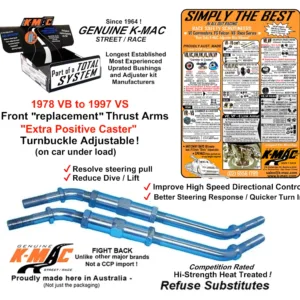 Holden <kv-pn-111>201517M</kv-pn-111> Front <br/><kv-Orange>Commodore<br/>'78 VB - '97 VS </kv-Orange><br/>Genuine K-MAC<br/> The Strong Ones<br/> Refuse Substitutes<br/> Turnbuckle 'Extra' Pos. <br/>Caster Rods . ( Pair )